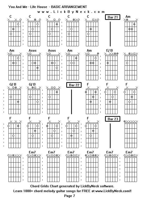 Chord Grids Chart of chord melody fingerstyle guitar song-You And Me - Life House  - BASIC ARRANGEMENT,generated by LickByNeck software.